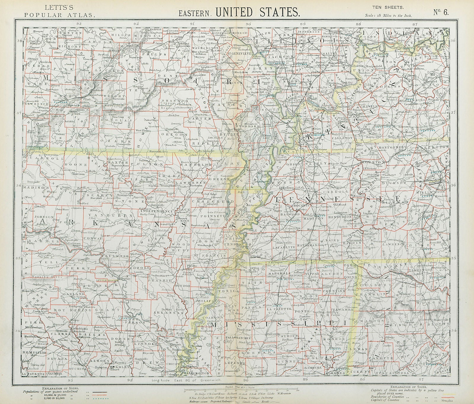 SOUTHEASTERN USA. Arkansas Tennessee Missouri MS KY AL Railroads. LETTS 1883 map